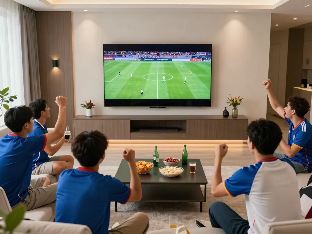 Fans enjoying a thrilling sports match on Thapcamtv in a lively living room.