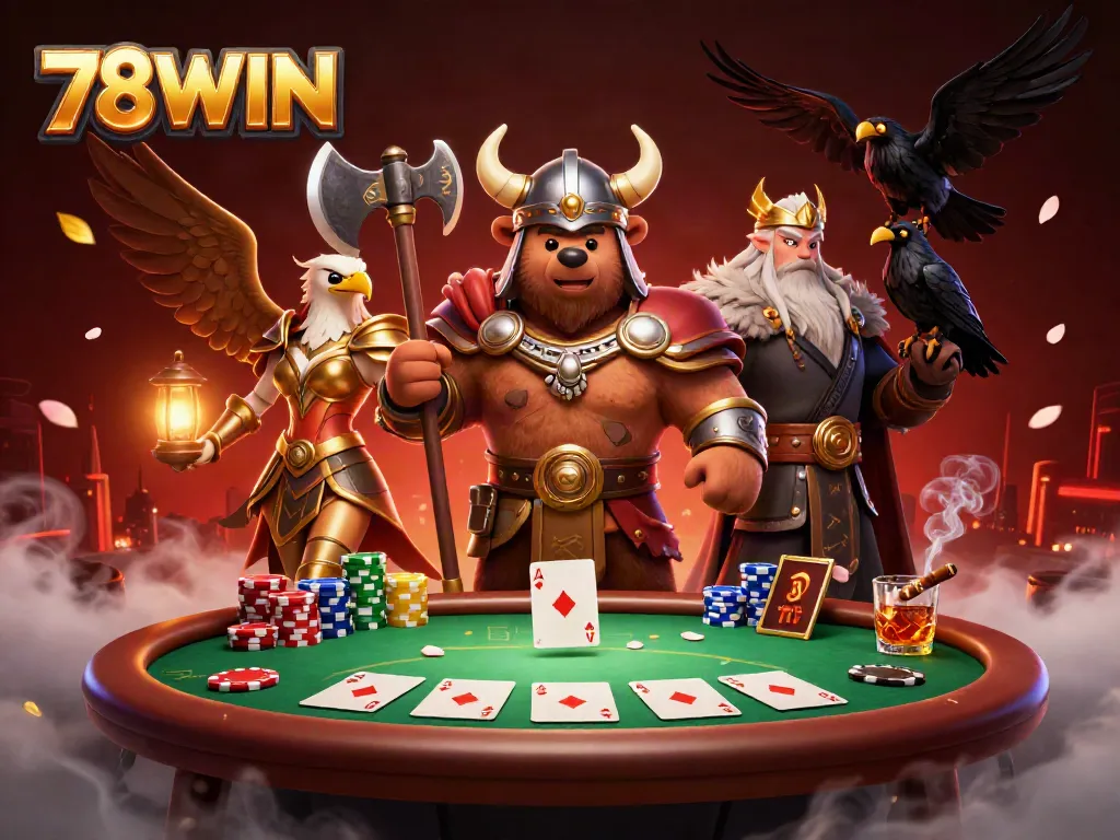Engage in thrilling gameplay with 78WIN's Viking bear and Valkyrie eagle at an exciting poker scene.