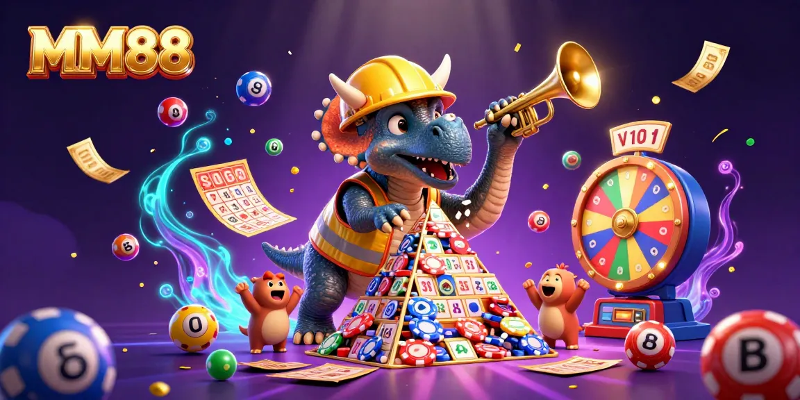 Engage with MM88's exciting gaming scene featuring dynamic lottery elements and celebratory characters.