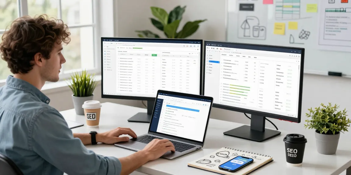 Digital marketing professional using AI SEO tools in a modern workspace with analytics data and brainstorming notes.