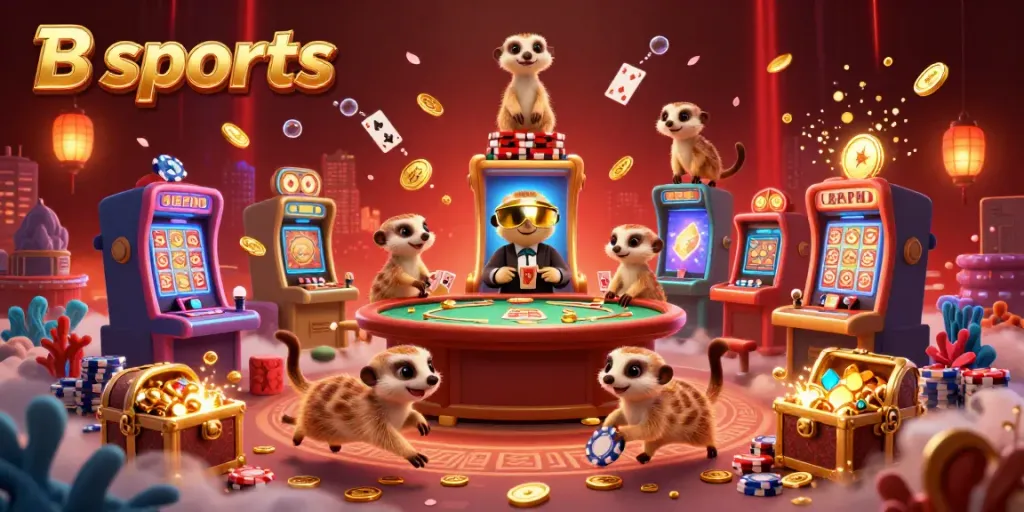 B sports casino illustration depicting meerkats running a lively casino with dynamic game elements.