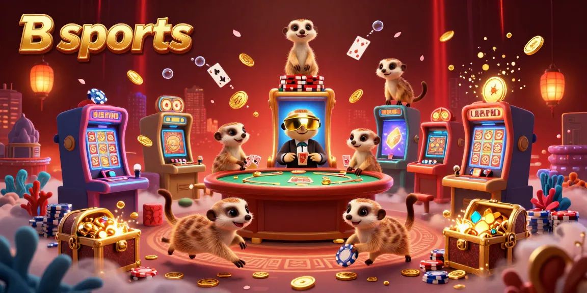 B sports casino illustration depicting meerkats running a lively casino with dynamic game elements.