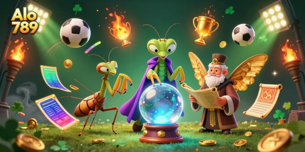 Alo 789 gamblers celebrating wins with a fortune teller and librarian in a sports-themed fantasy.