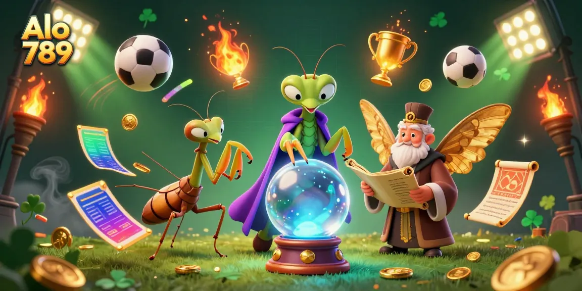 Alo 789 gamblers celebrating wins with a fortune teller and librarian in a sports-themed fantasy.