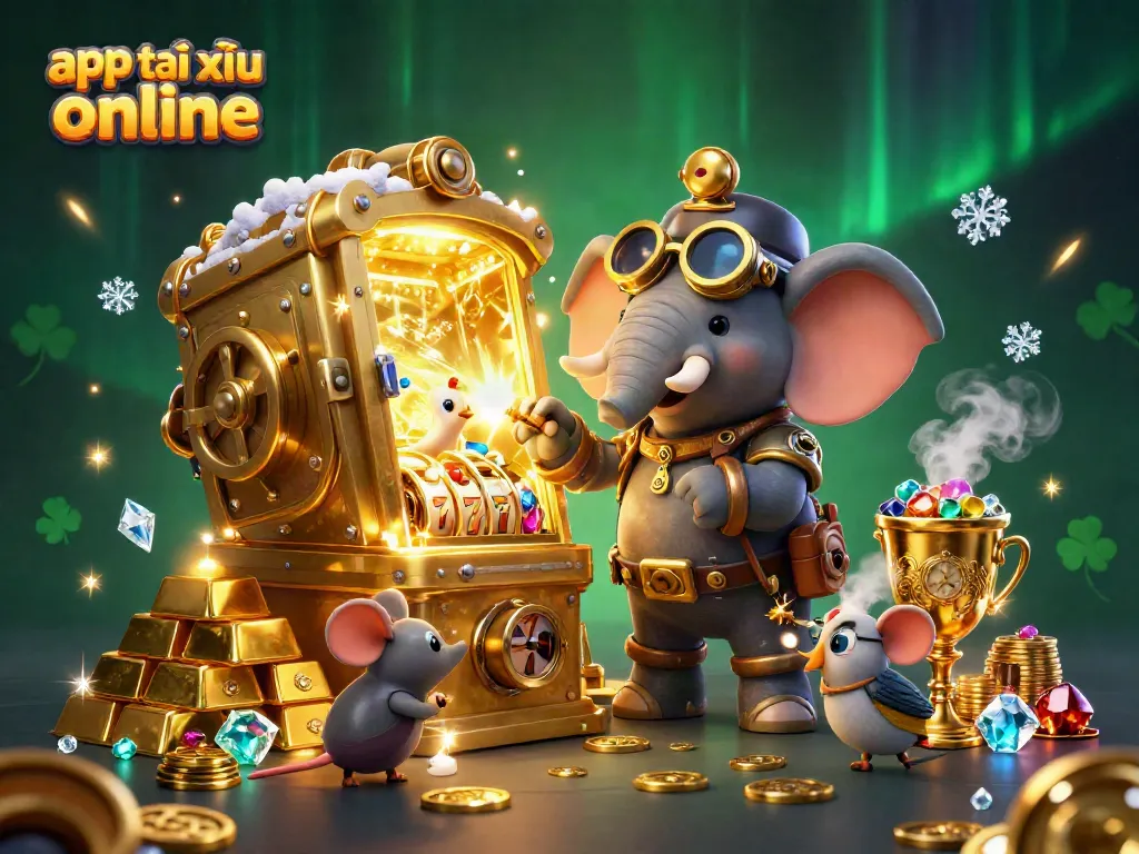 Engage with app tài xỉu online through this vibrant 3D casino illustration showcasing slot machines and treasures.