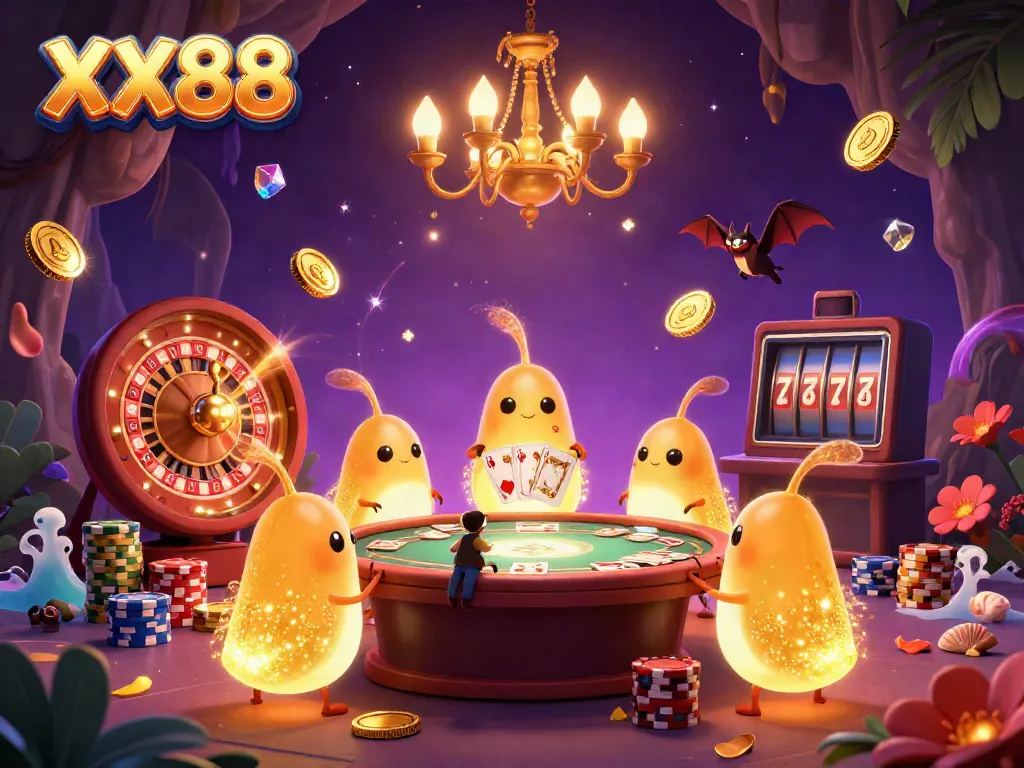 Experience the vibrant gaming atmosphere of XX88 with glowworms illuminating a cave casino filled with treasures.