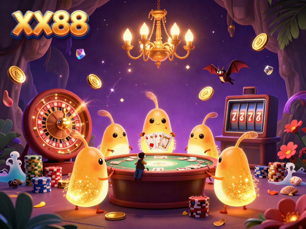 Experience the vibrant gaming atmosphere of XX88 with glowworms illuminating a cave casino filled with treasures.