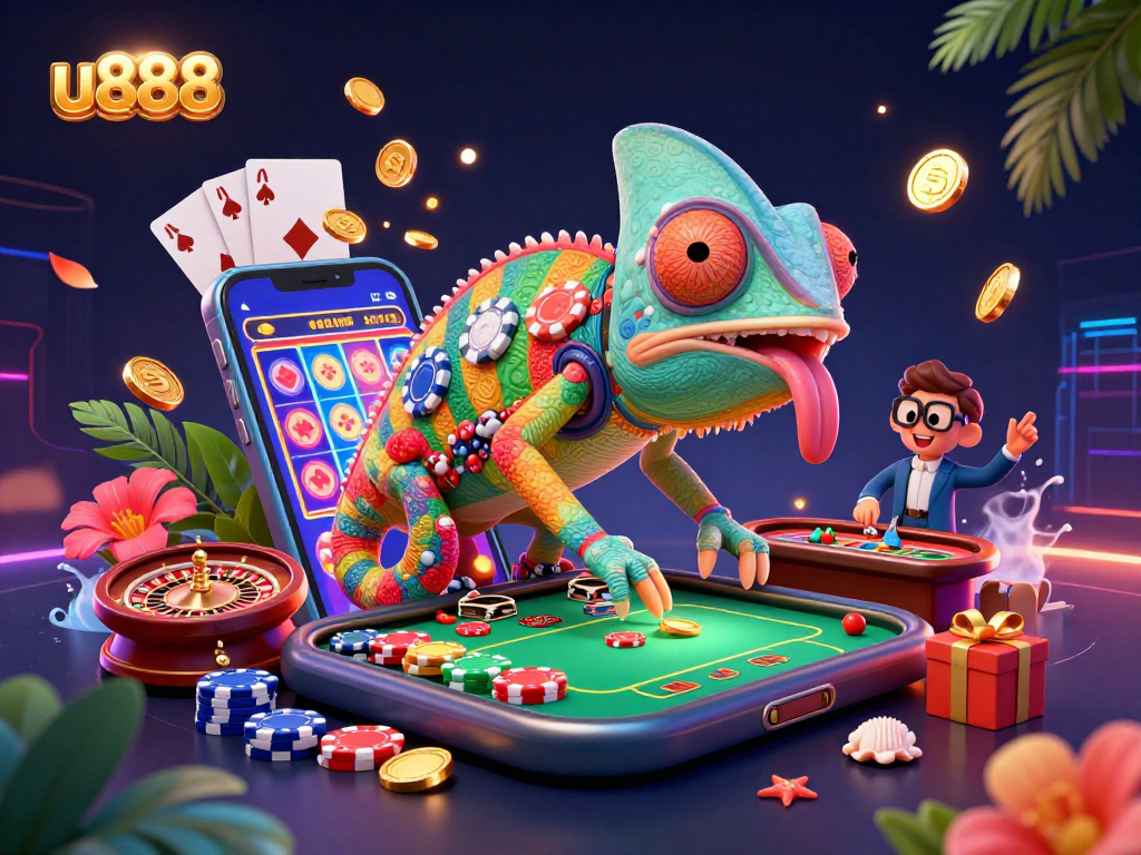Experience the thrilling world of u888 with vibrant casino elements and a playful chameleon character.
