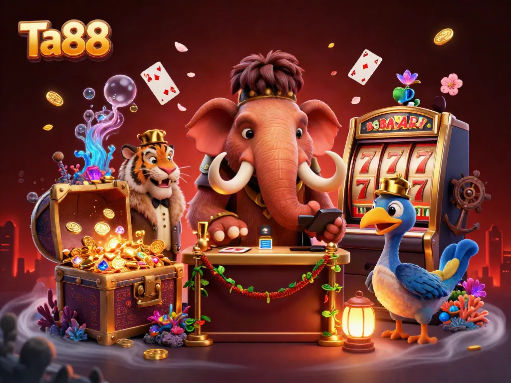 Experience exhilarating gaming at Ta88 with a lively 3D scene showcasing vibrant characters and casino elements.