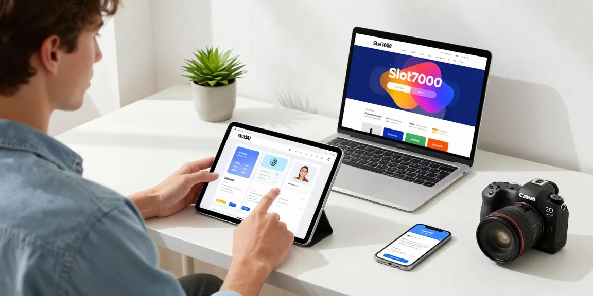 Engaged user navigating Slot7000 app on tablet in modern home office.