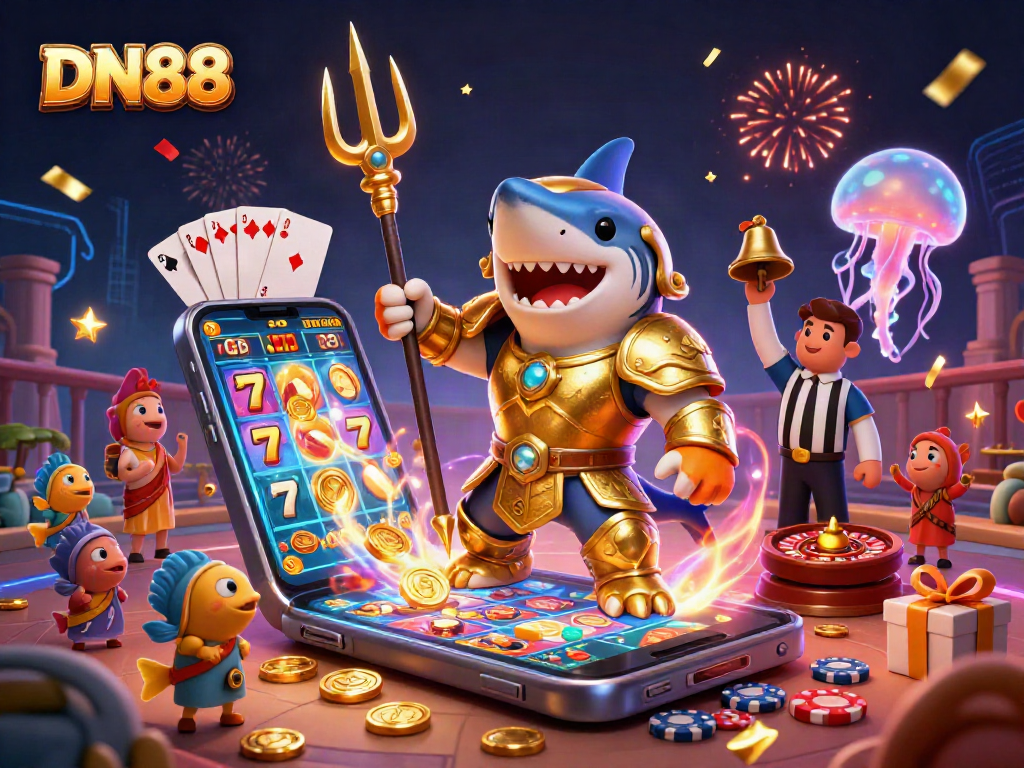 Engage with the thrilling DN88 underwater slots adventure featuring a gladiator shark and jackpot excitement.