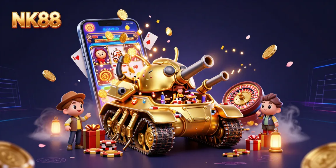 Engage in thrilling NK88 casino action with our dynamic scene featuring a golden tank casino and poker elements.