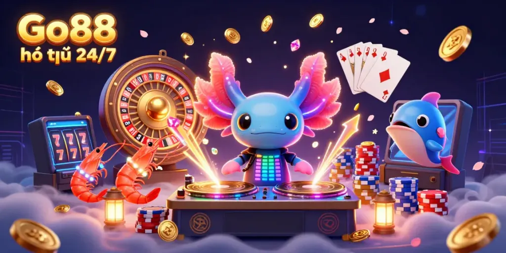 Engage with Go88 hỗ trợ 24/7 and win big with vibrant casino animation featuring gaming elements.
