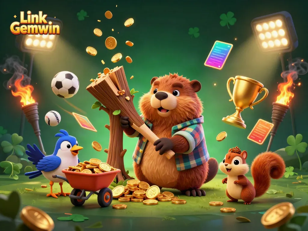 Win big with Link Gemwin – a dynamic scene featuring cartoon characters collecting golden coins in a vibrant casino atmosphere.
