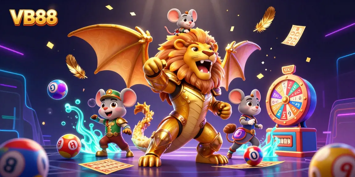 Engage in the excitement of VB88 with a roaring chimera and vibrant lottery elements.