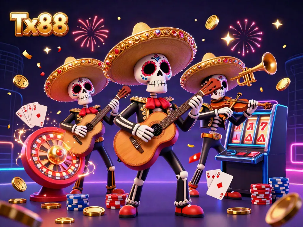 Experience the excitement of Tx88 with a vibrant mariachi band and casino elements in this colorful 3D illustration.