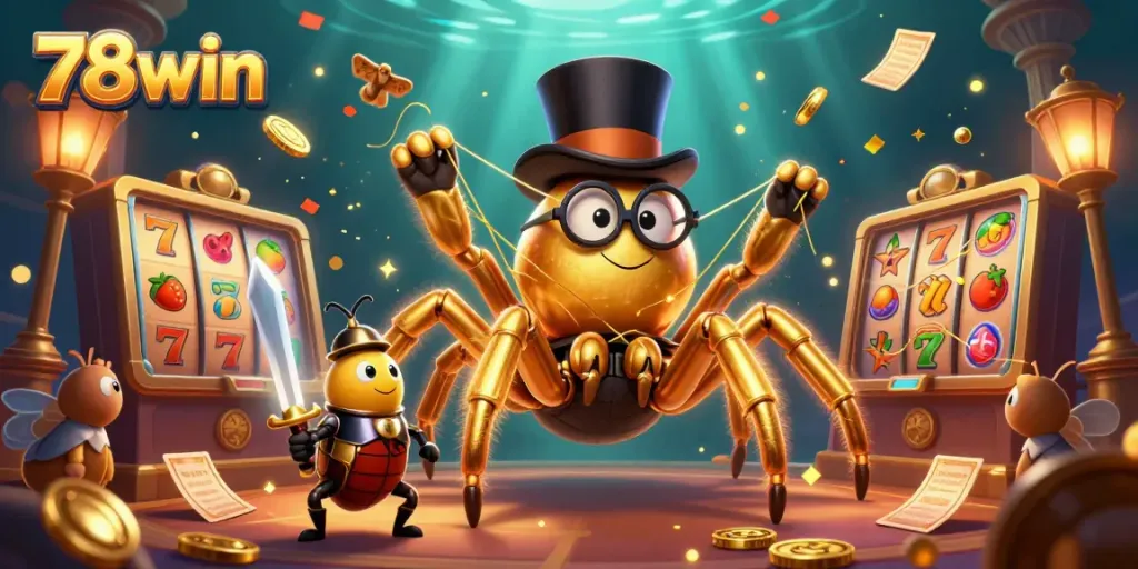 Experience the thrill of 78win with a golden tarantula spinning golden threads in a lively casino scene.