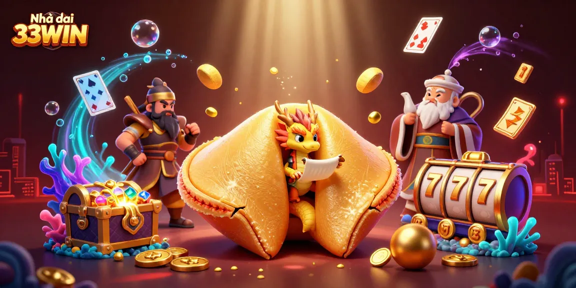 Engage with the thrilling world of Nhà cái 33WIN through an energetic scene showcasing a golden fortune cookie, dragon, and gaming elements.