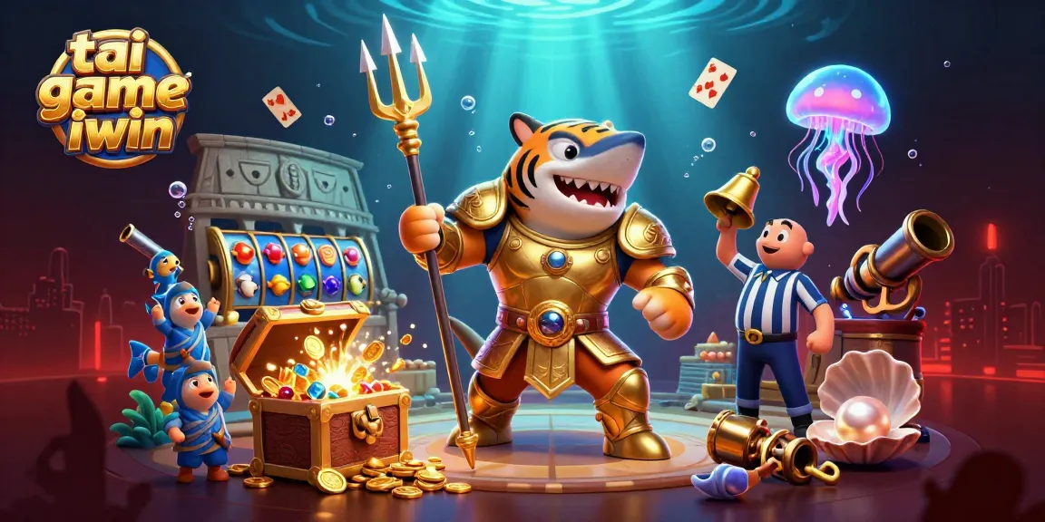 Experience tai game iwin with a thrilling scene of an armored tiger shark in a vibrant underwater casino.