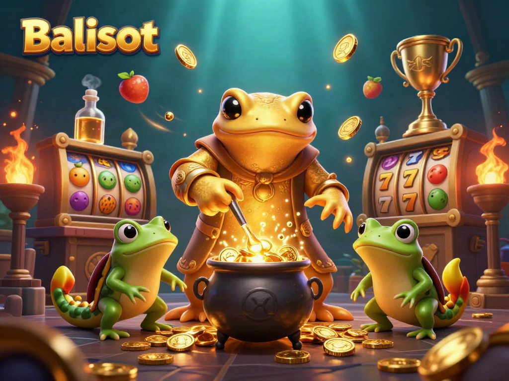 Experience Balislot with a dynamic scene of colorful slot elements and enchanting characters.