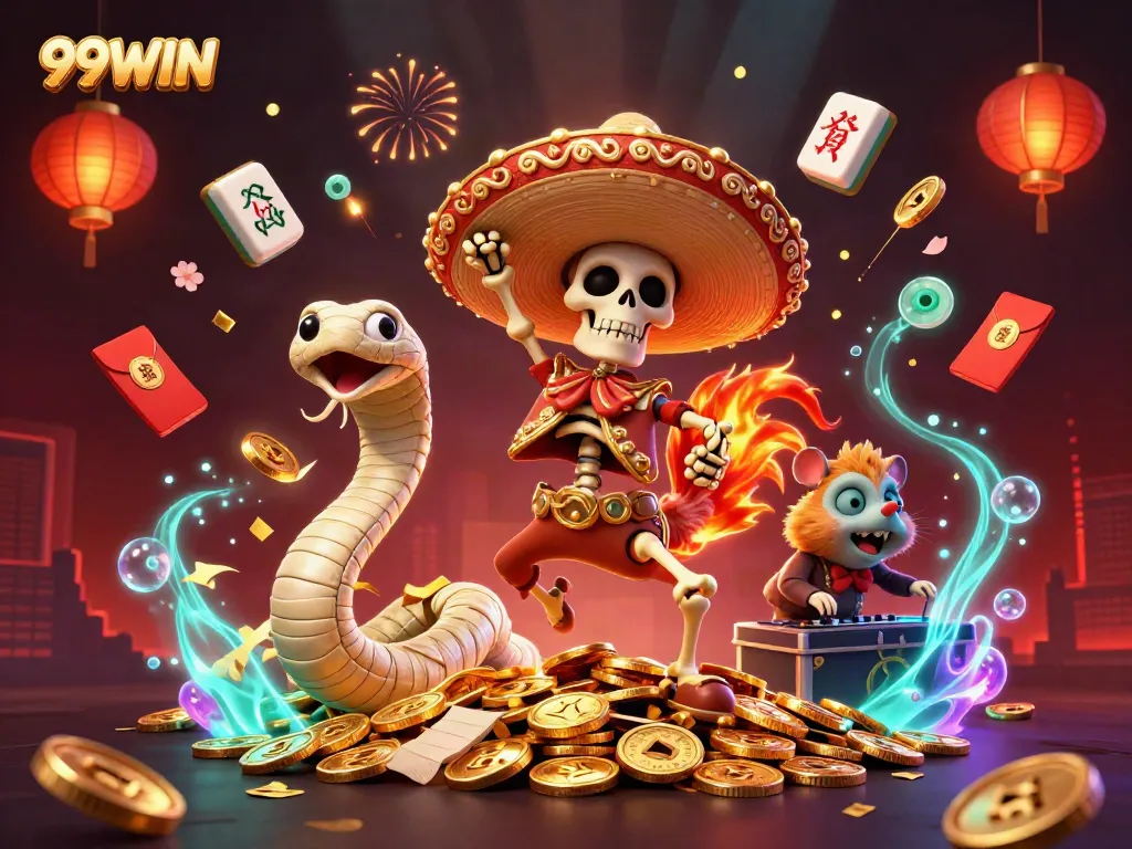 Experience the excitement of 99WIN with a vibrant scene featuring a mariachi rooster celebrating on golden coins.