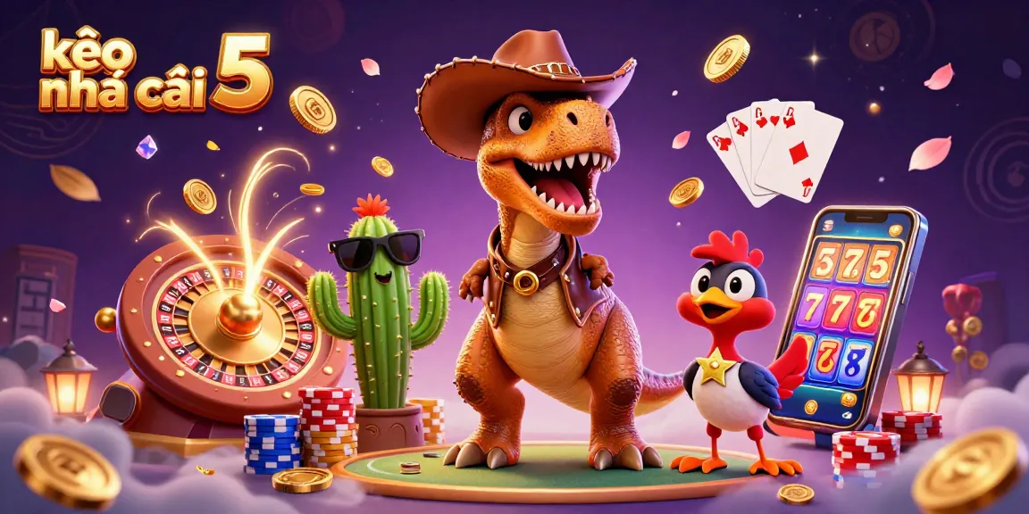 The lively cowboy dinosaur in a Western hat interacts with kèo nhà cái 5 elements amidst cascading treasures.