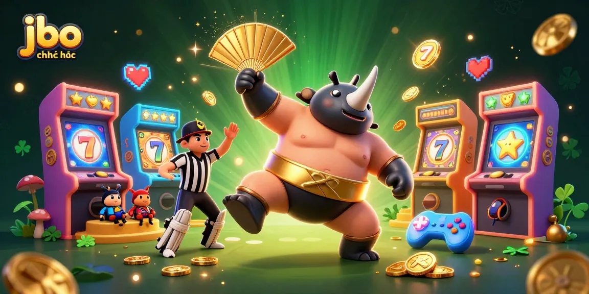 Engage with jbo chính thức as a rhinoceros beetle champion kicks golden coins in a vibrant gambling scene.