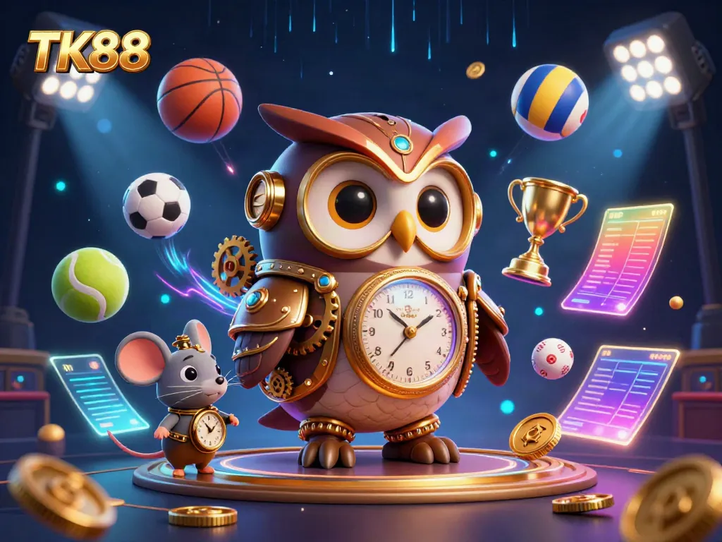 Engage with TK88's vibrant casino adventure with a steampunk owl, dynamic sports elements, and glowing visuals.