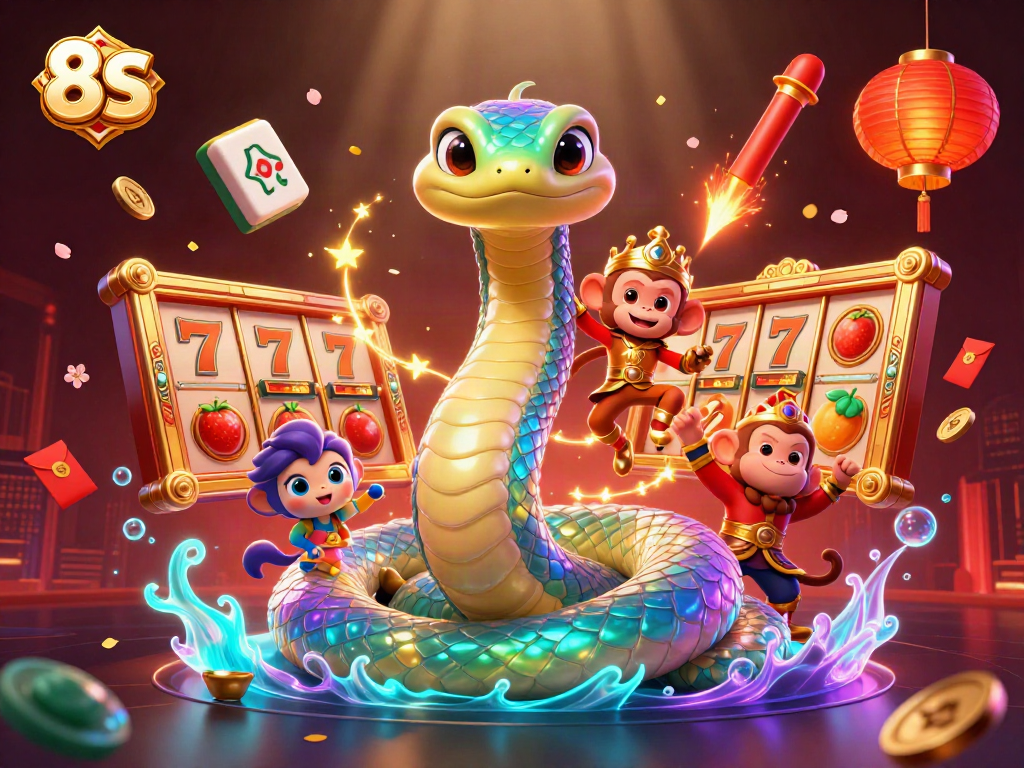 Engage with the vibrant 8S casino scene, featuring a playful monkey king and rainbow serpent amidst slot reels and festive elements.