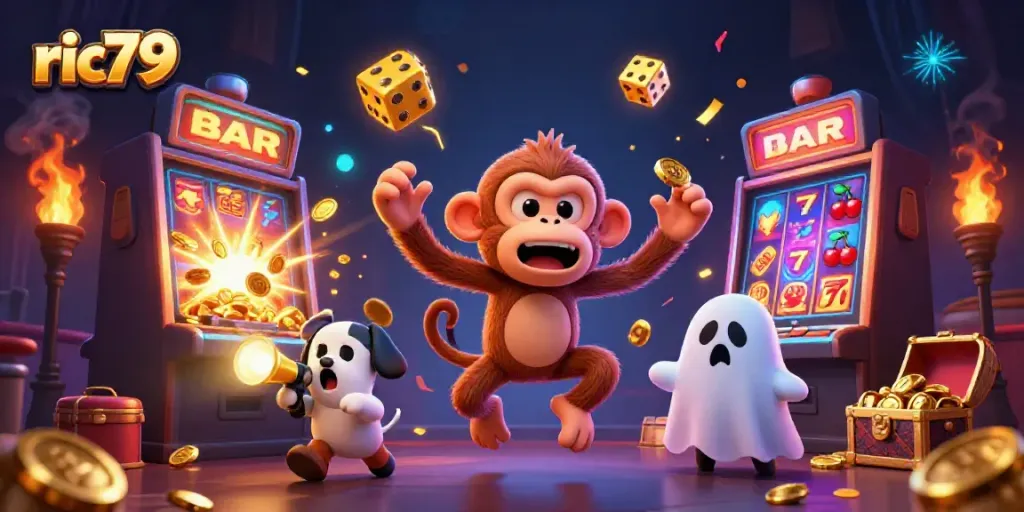 Engage in a mystical gaming experience with ric79, featuring a playful poltergeist monkey and ghost-hunter puppy.