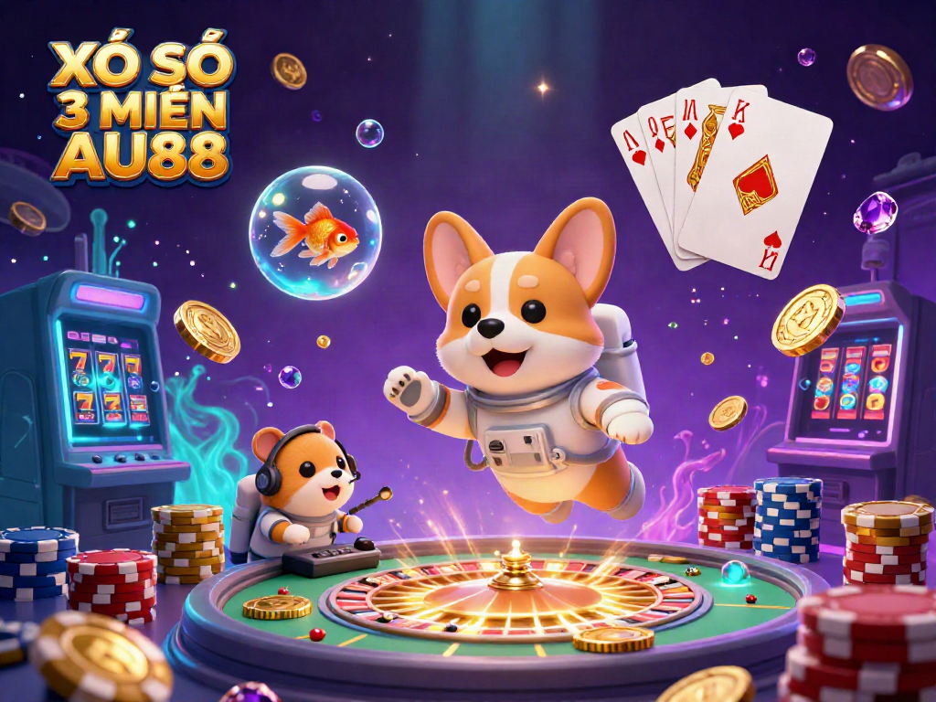 XỔ SỐ 3 MIỀN AU88 featuring a lively scene with a corgi astronaut in a space station casino surrounded by poker chips and glowing coins.