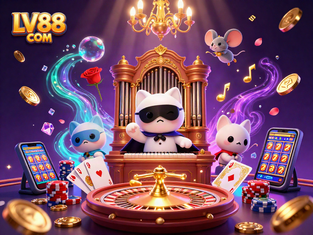 Experience excitement at LV88 COM with an acrobatic mouse and a masked cat playing casino.