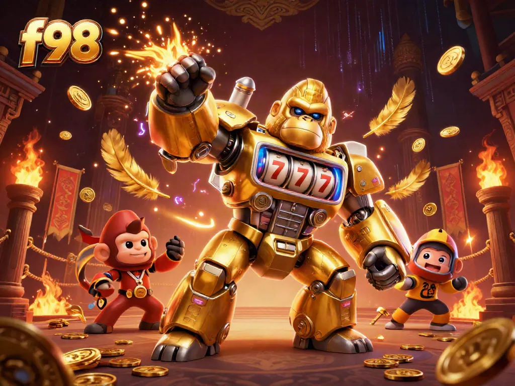 F98-inspired golden gorilla mech bursting with coins and energy in a vibrant casino scene.