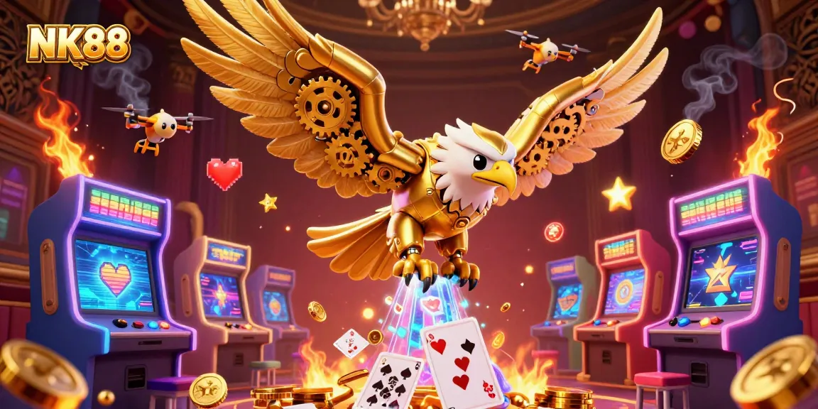 Experience thrilling gameplay at NK88 with a dynamic 3D illustration showcasing the excitement of online casino gaming action.