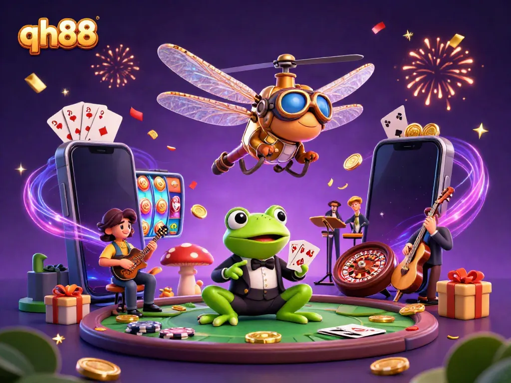 Experience gaming excitement at qh88 with vibrant casino elements featuring a frog dealer and dragonfly pilot.