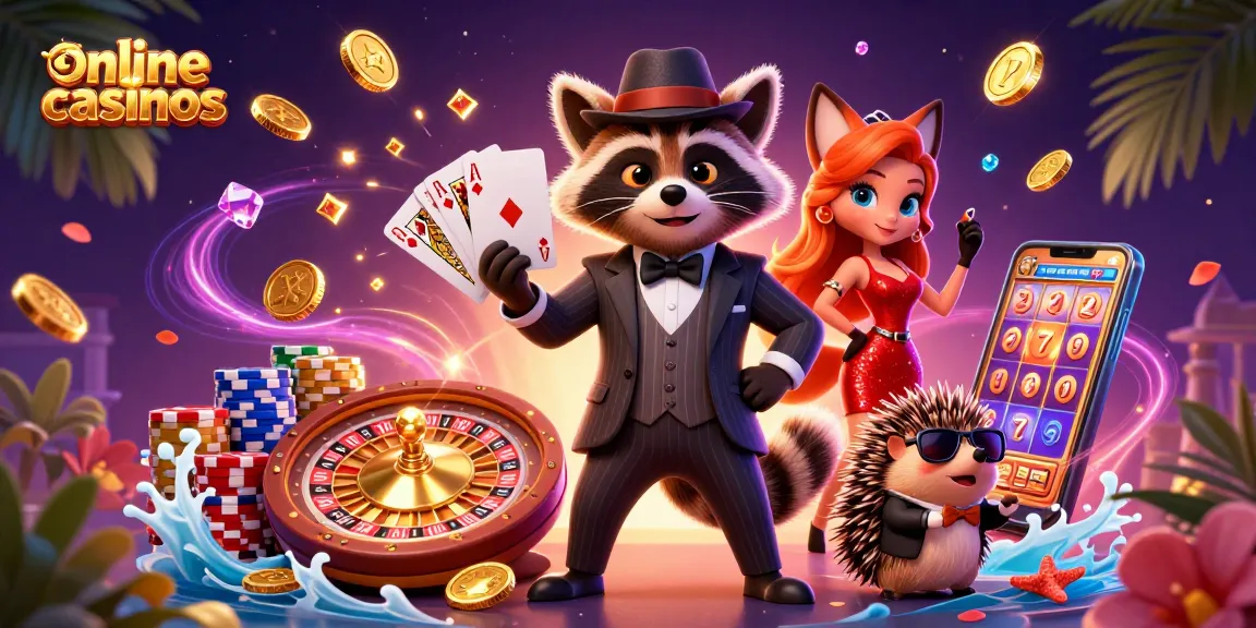 Engage with online casinos through a vibrant scene featuring a raccoon, a fox, and a hedgehog celebrating wins.