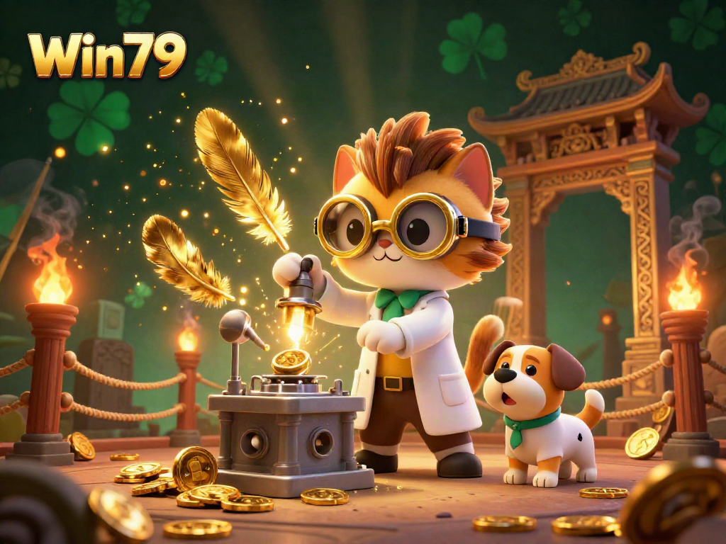 Engage in thrilling gameplay at Win79 with an exciting 3D cartoon scene featuring a mad scientist cat and playful dog in a vibrant casino environment.