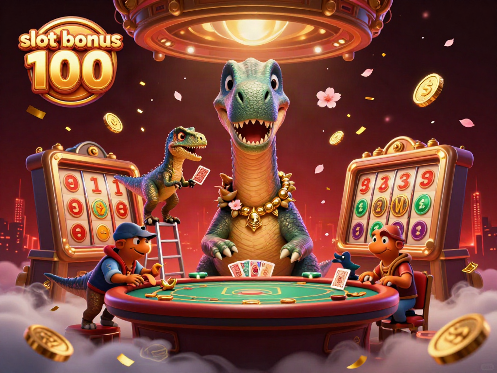 Engage with the slot bonus 100 visuals featuring a brontosaurus and raptor in a vibrant casino scene.