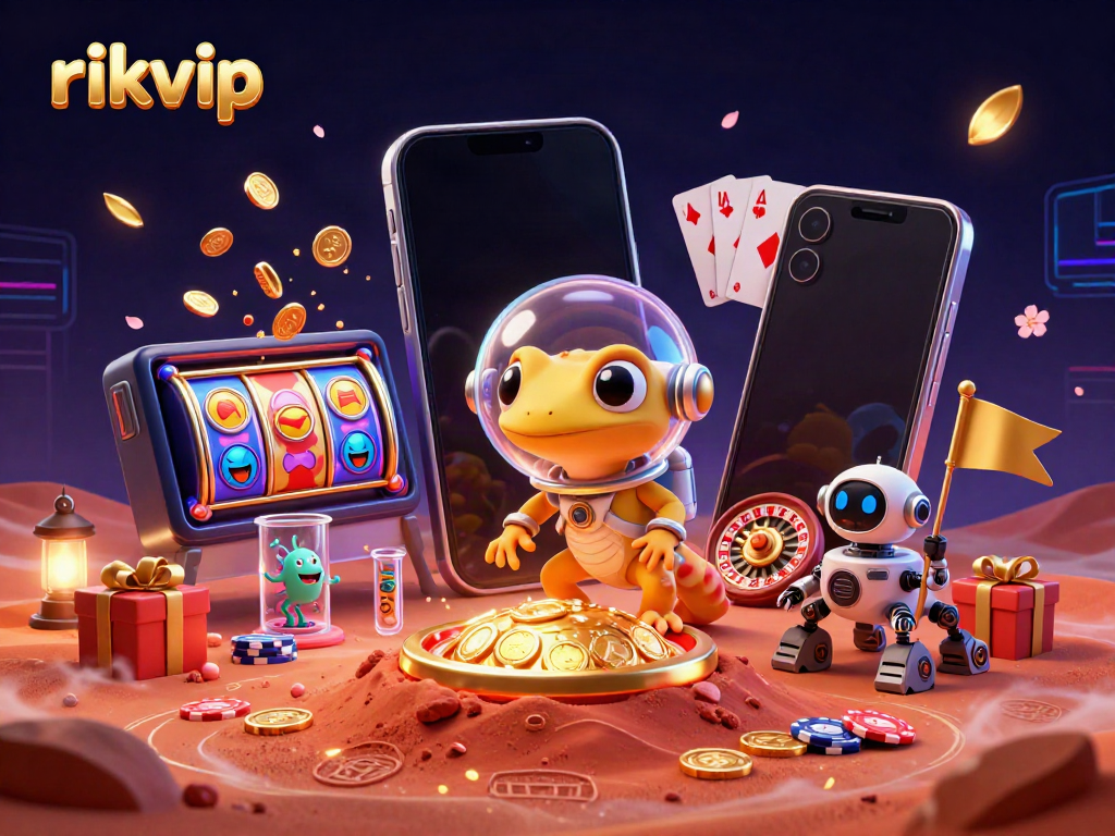 Engage in thrilling games at rikvip, featuring vibrant slot games and a futuristic Martian casino.
