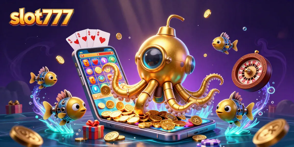 Experience slot777 gameplay through a vibrant 3D illustration featuring a tentacled kraken submarine amidst golden coins.