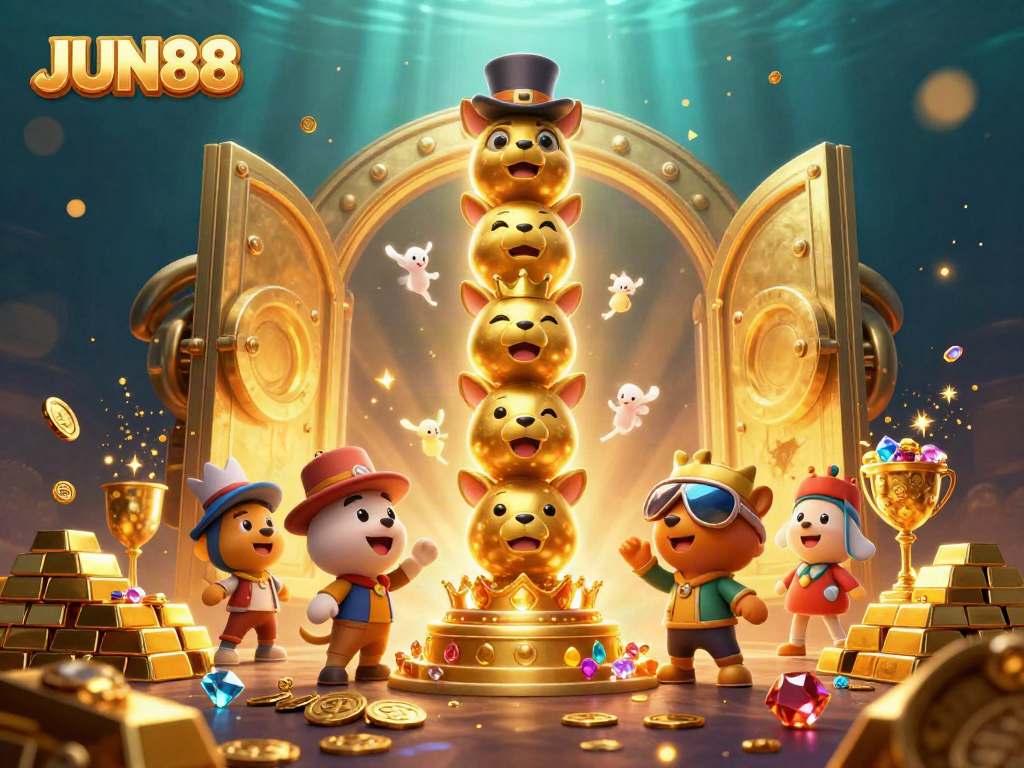 Experience the thrill of JUN88 with vibrant casino elements and captivating golden treasures.