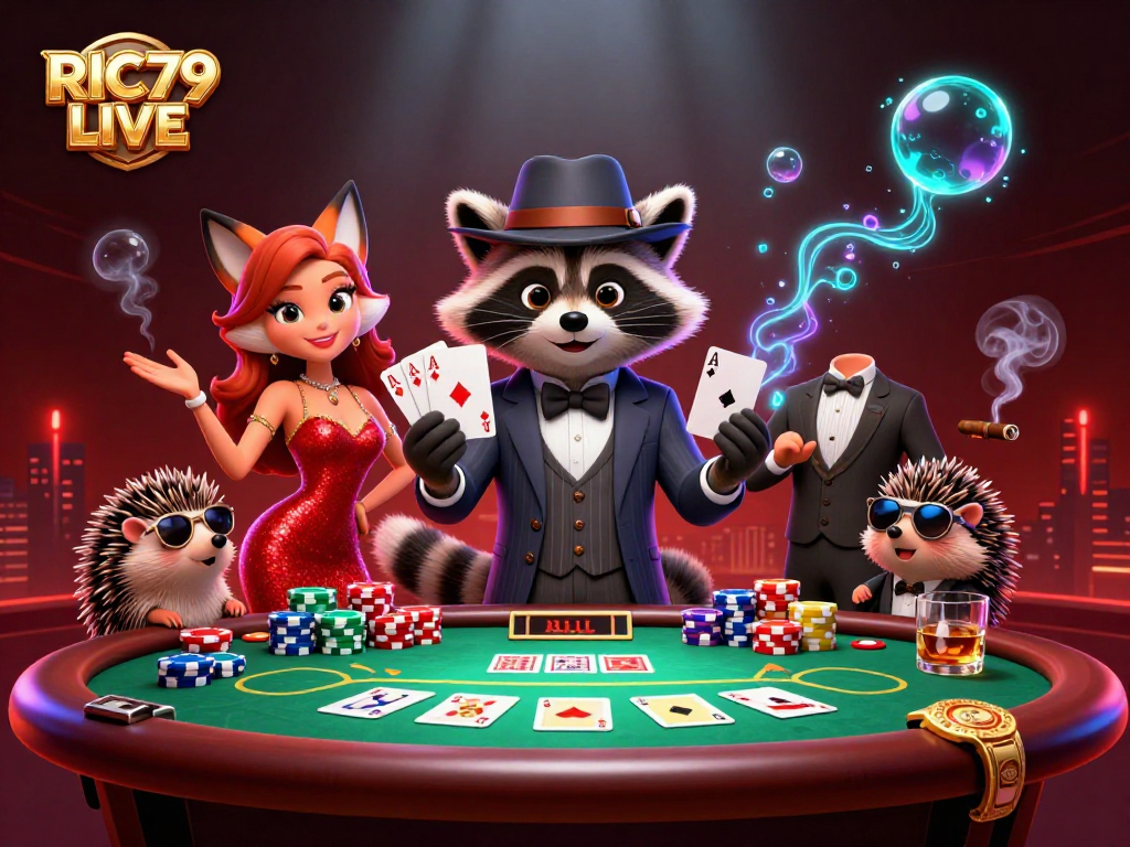 Play poker and win big at RIC79 LIVE with a charming raccoon and fox in a vibrant casino scene.
