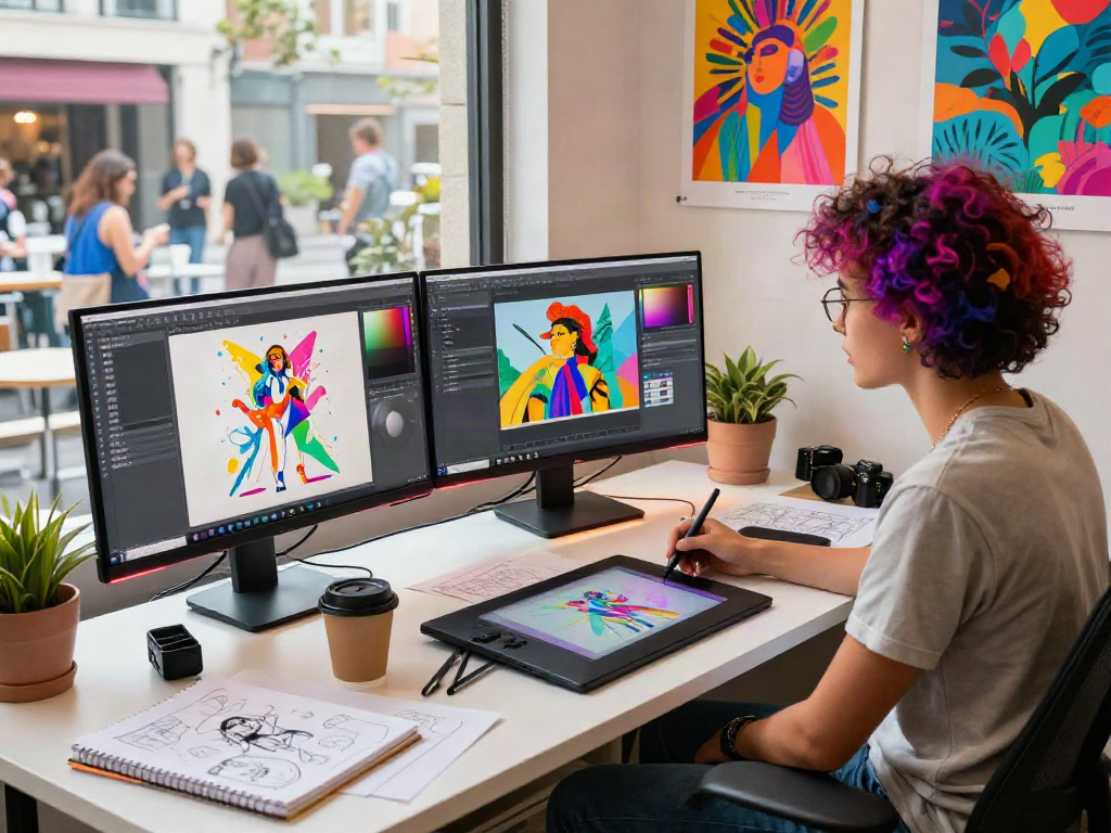 Artist creating vibrant NSFW AI illustrations in a dynamic studio