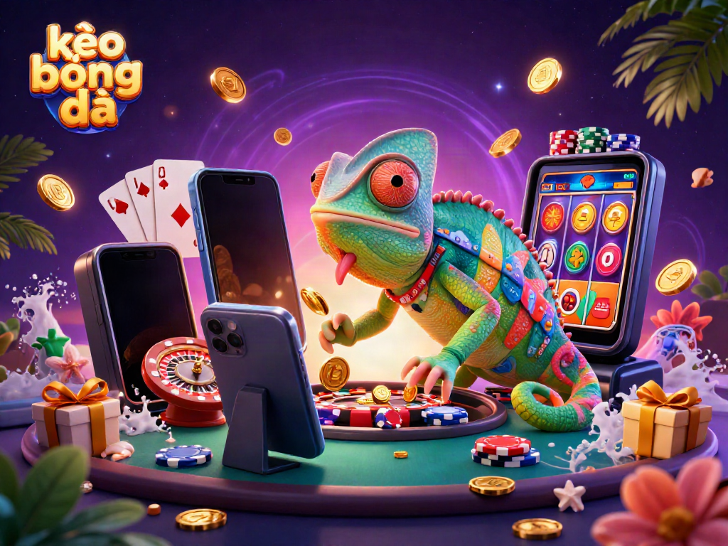 Experience thrilling kèo bóng đá with a vibrant chameleon casino owner amidst dynamic gaming elements.