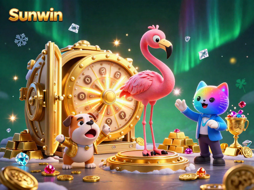 Experience the excitement of casino gaming with Sunwin's vibrant 3D illustration showcasing thrilling prizes and animations.