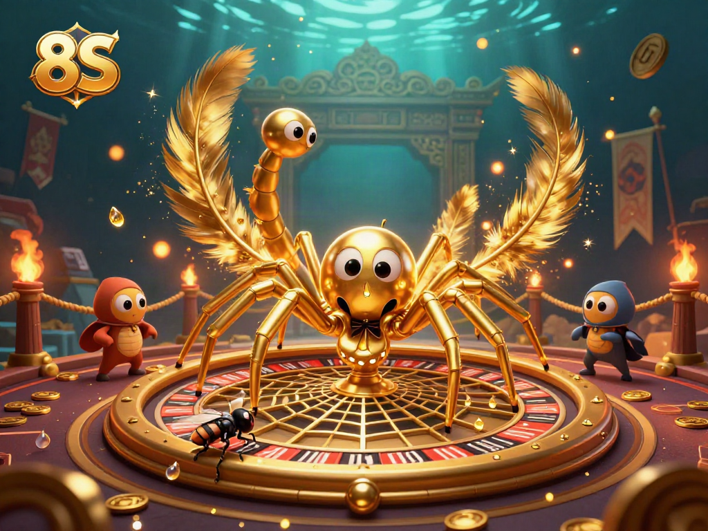 Experience thrilling bets with the 8S roulette wheel crafted by a golden spider in a dynamic casino scene.