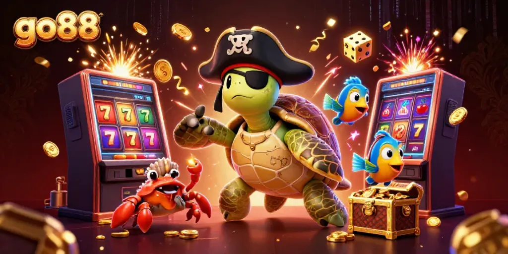 Experience exciting gameplay with go88's vibrant 3D casino scene featuring a pirate turtle and treasure.