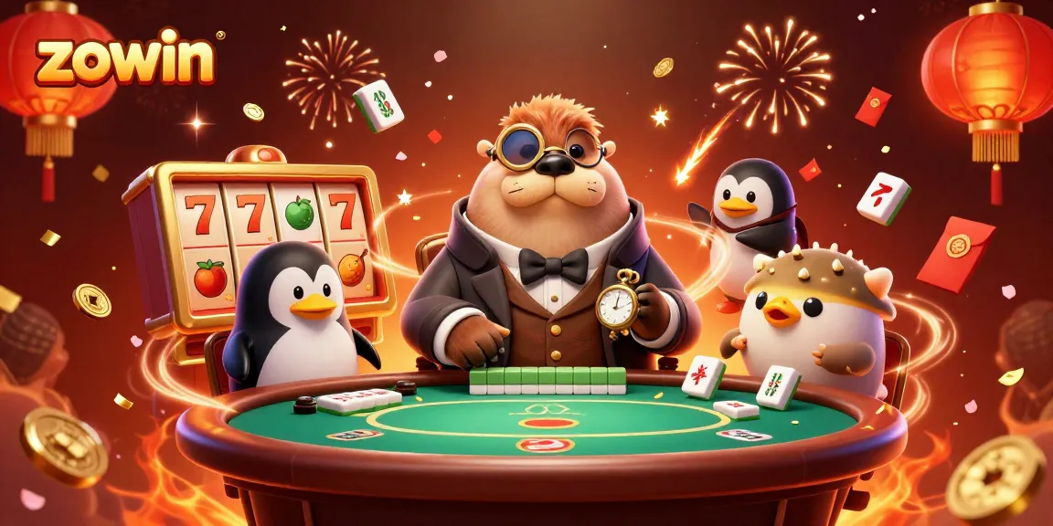 Zowin online casino scene featuring a walrus, a penguin dealer, and a bluffed pufferfish at the poker table.