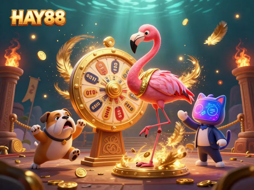 Experience HAY88's exciting online casino atmosphere with a vibrant 3D scene featuring characters and dynamic elements.