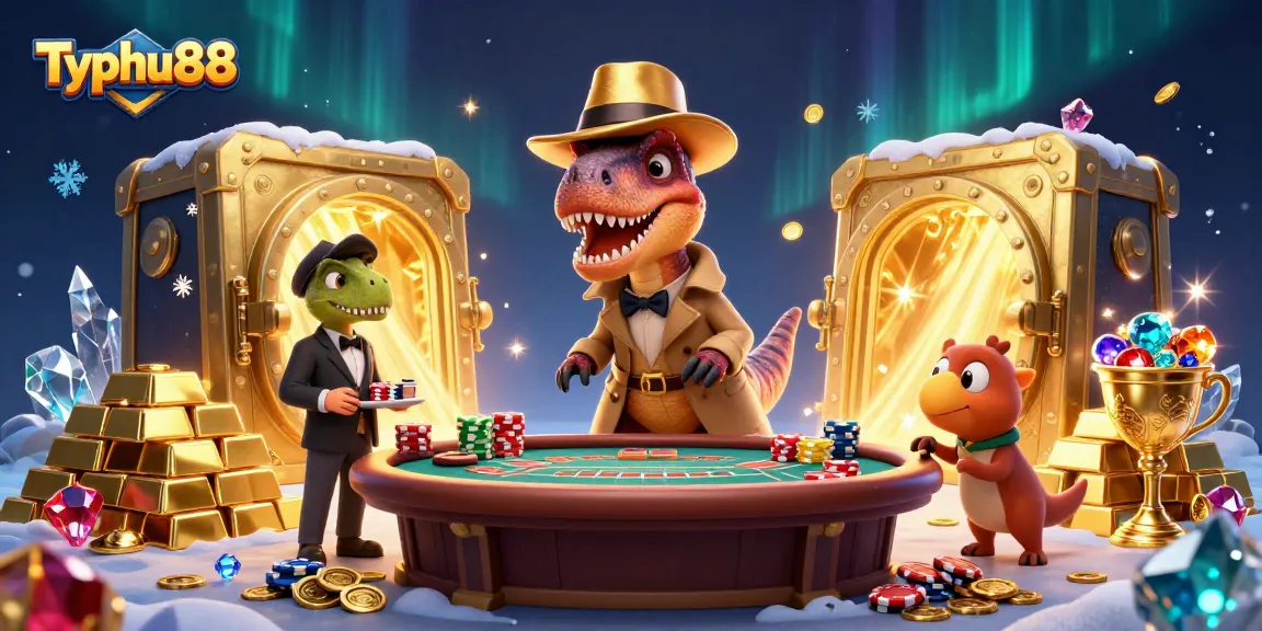 Typhu88 showcases a unique card counting velociraptor at a lively blackjack table, full of vibrant jewels.